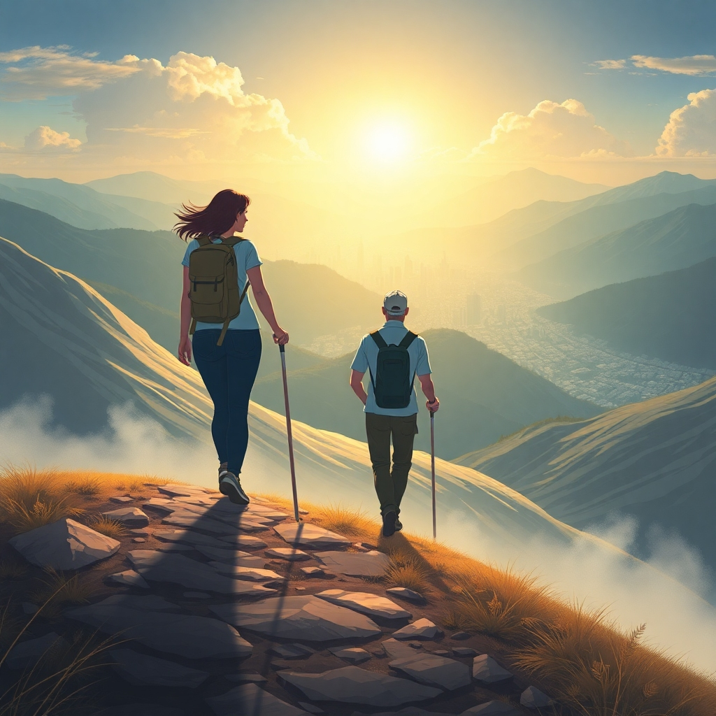 Illustrate an image of a woman on a mountain path with her mentor. They are walking towards a bright city in the distance. The city is a symbol for their hopes and dreams. Emphasize the path textures. 4K resolution.