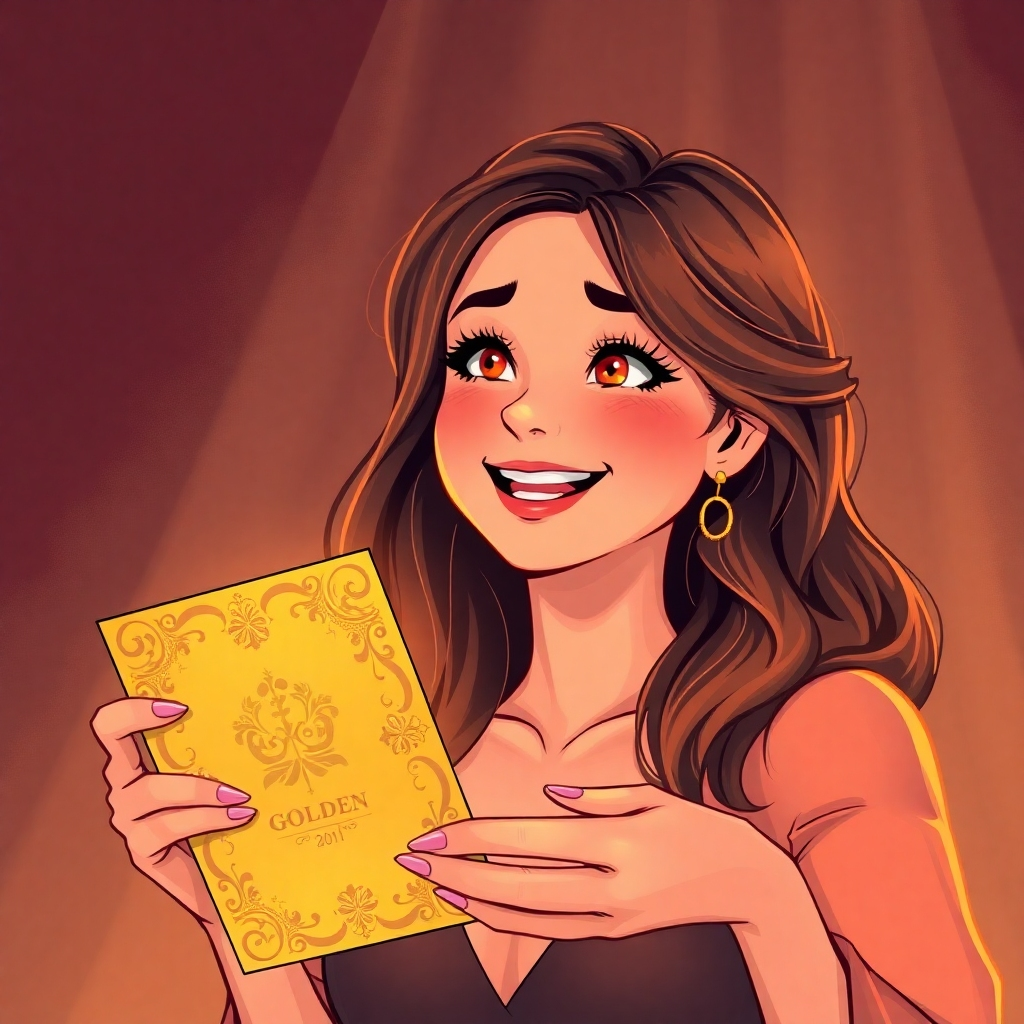 Illustrate an image of a woman receiving a golden invitation, her expression filled with excitement and anticipation. The invitation should be ornate. Use soft lighting and a warm color palette to enhance the woman's anticipation. 4k resolution.