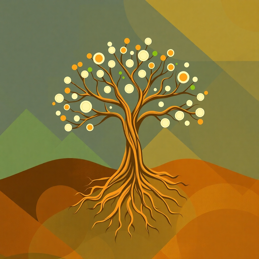 Illustrate Zuberyes.com concept by creating a visual representation of interconnectedness. Show roots stretching into the earth (ancient wisdom) and branches reaching into the sky (modern applications). This connection should be linked with circles, and the background should blend natural and geometric patterns. Use a palette of earth tones with pops of vibrant colors, illustrating the fusion of history and progress. This will be a vector design.