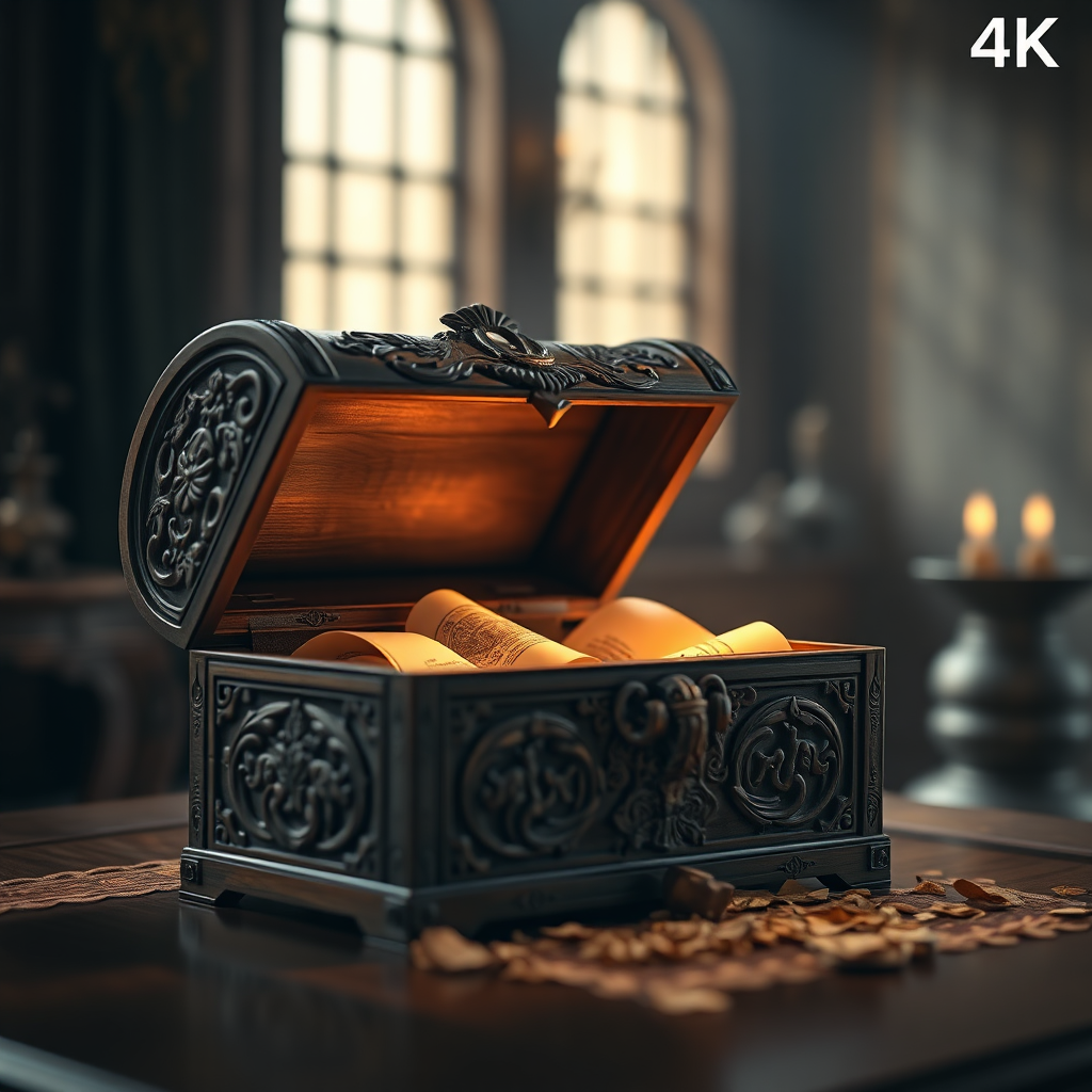 Imagine a photorealistic image of a beautifully crafted wooden chest, slightly open, revealing glowing scrolls inside. The chest is adorned with intricate carvings representing different cultures. Soft, warm light emanates from within, illuminating the surrounding area. The background is blurred, emphasizing the exclusivity of the contents. Use 4K resolution for crisp detail.