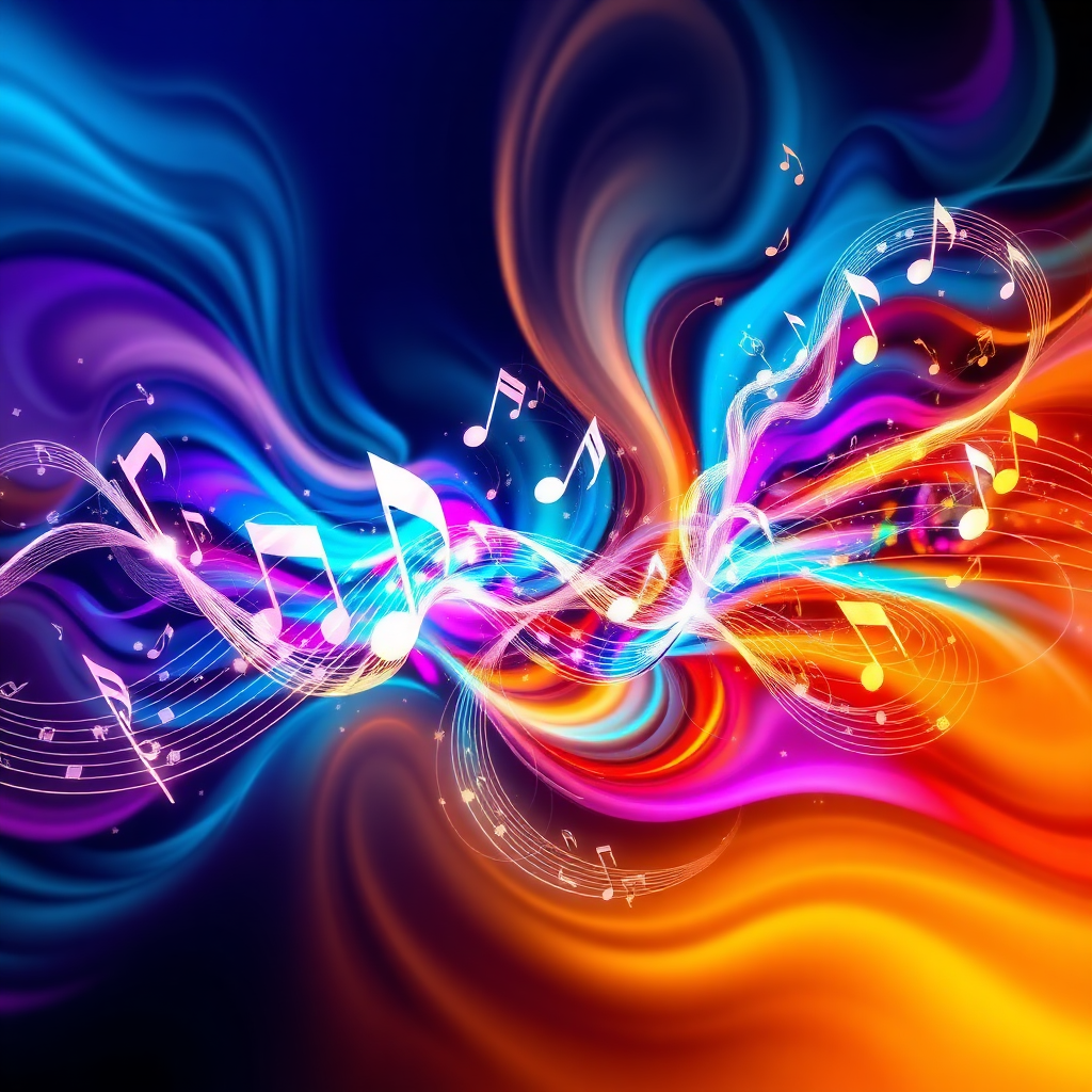 Imagine a vibrant, abstract artwork composed of musical notes, waveforms, and swirling colors. The artwork represents the power and beauty of music. The style is modern and energetic. Render in 4K resolution with a focus on vibrant colors and dynamic composition.