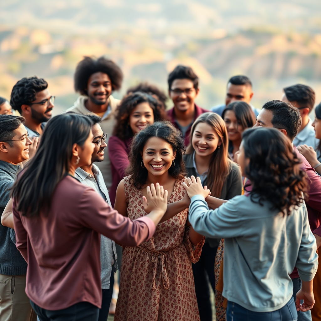 Imagine a vibrant and diverse group of people from all walks of life standing together in a circle, holding hands. Their faces are lit with smiles, and there's a sense of unity and connection. The background is a blurred landscape, suggesting a global community. Render in 4K resolution with a photorealistic style.