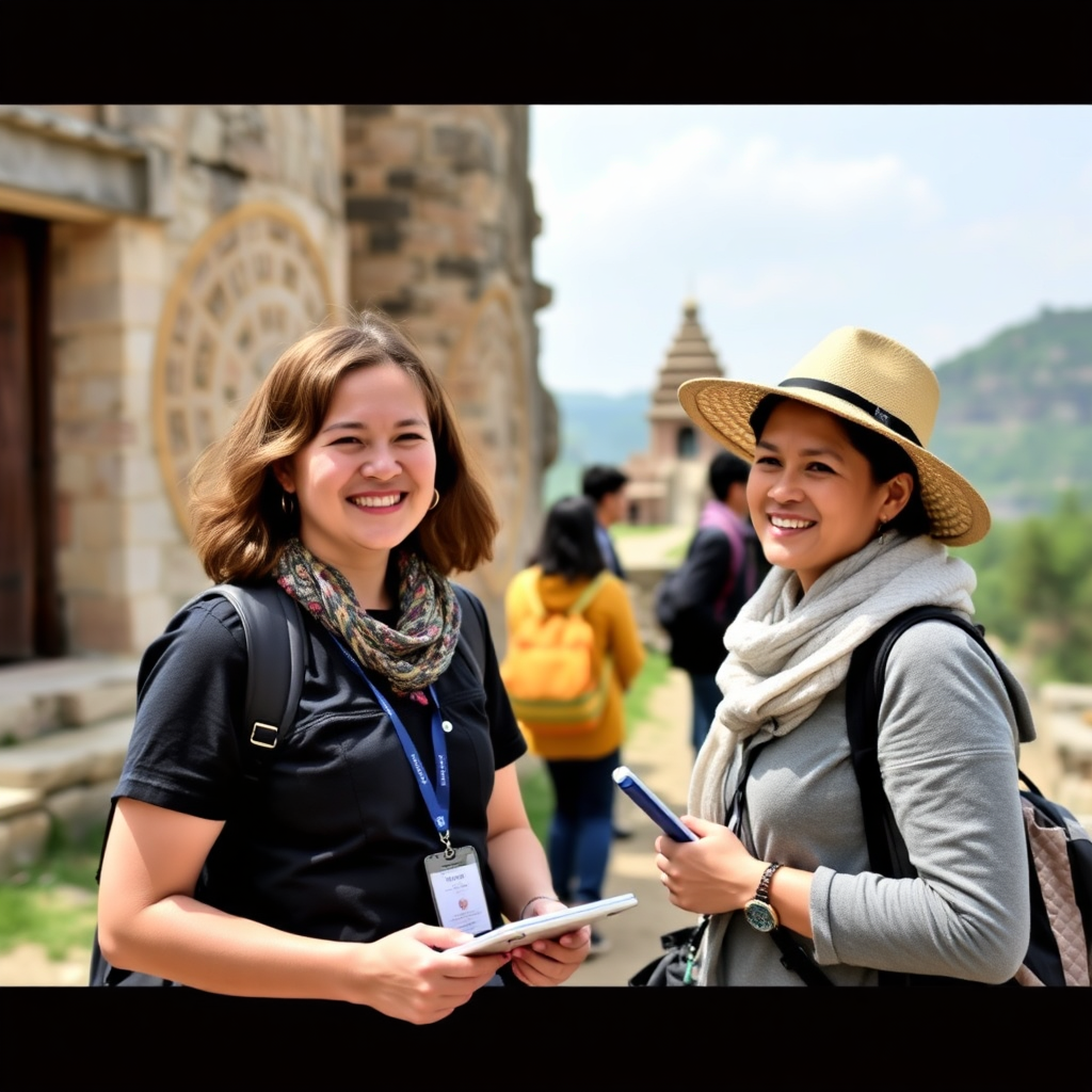 Licensee guiding tourists to a heritage site/event. Style: respectful, sustainable, cultural.