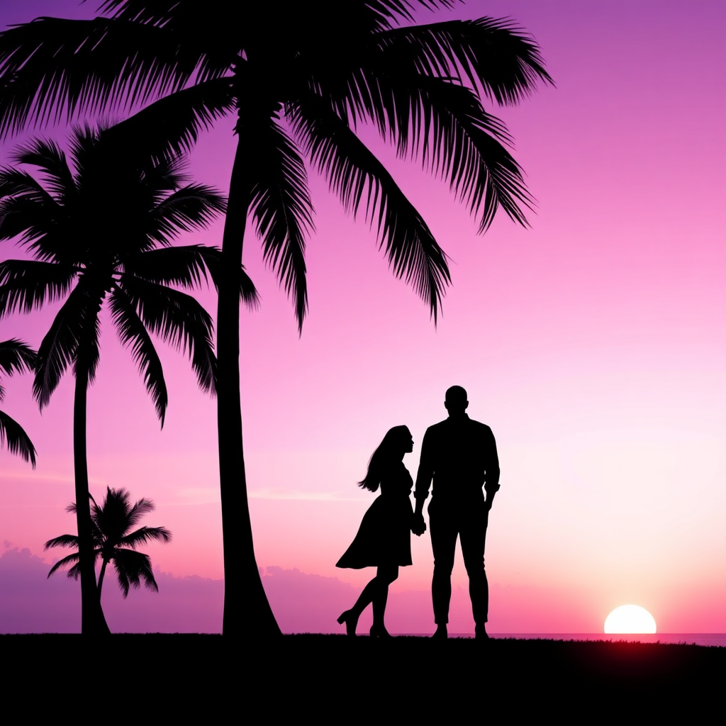 A minimalist silhouette image of two figures embracing against a fiery sunset. The silhouettes are clean and elegant, focusing on the shapes and lines of their bodies. The sunset is painted in bold shades of orange, pink, and purple. The style is romantic and evocative, capturing the raw emotion of love and connection. The backdrop can be a beach or a hilltop to suggest a romantic rendezvous spot.