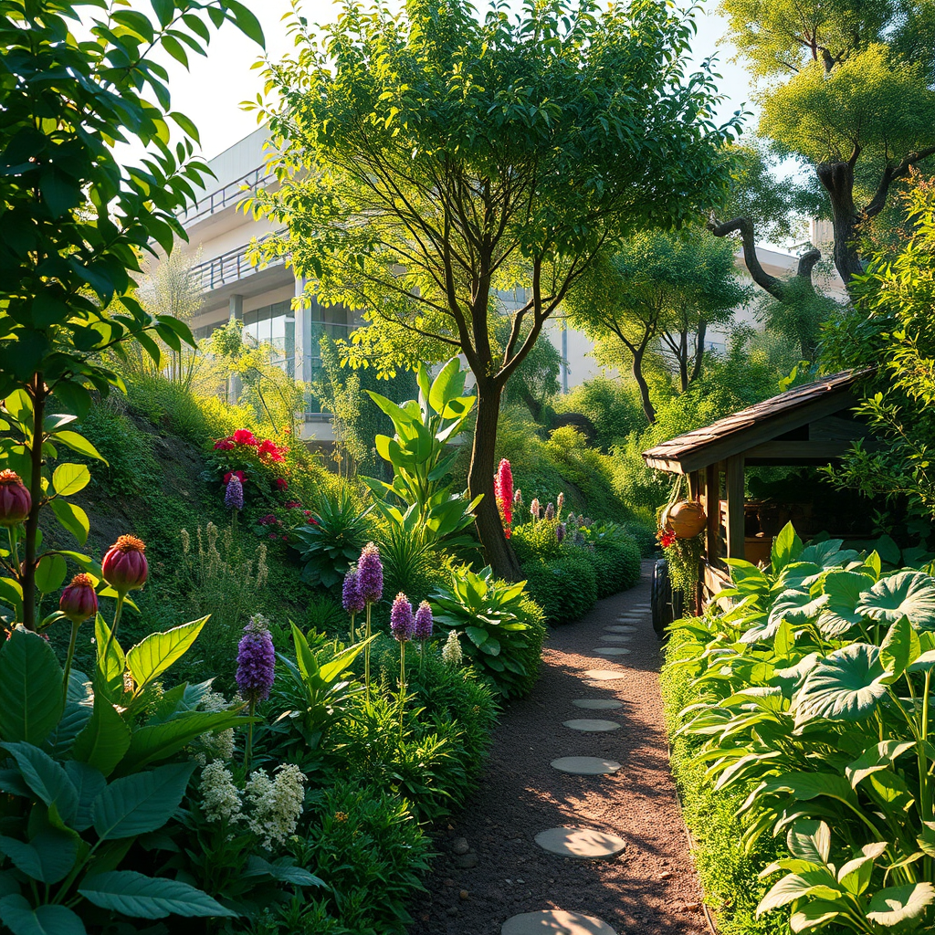 Photorealistic image of a lush, thriving garden representing a sustainable business ecosystem. The garden is carefully maintained with advanced tools and systems symbolizing WANZU KAZI's strategic approach. Soft, morning light. 4k Resolution.