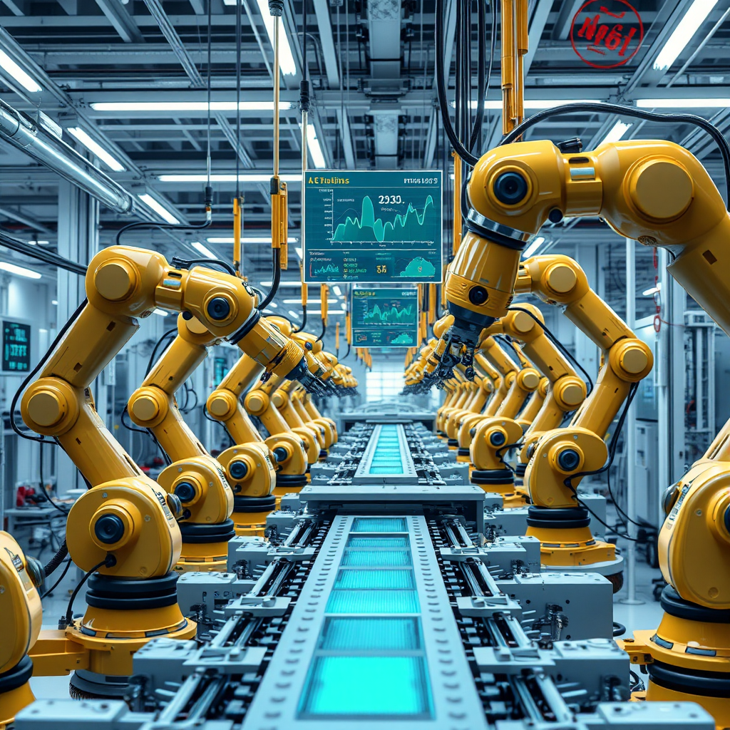 Photorealistic image of robotic arms working with precision on a complex assembly line. The factory is clean and modern, with holographic displays showing real-time data and performance metrics. High-tech, futuristic style. 4k Resolution.