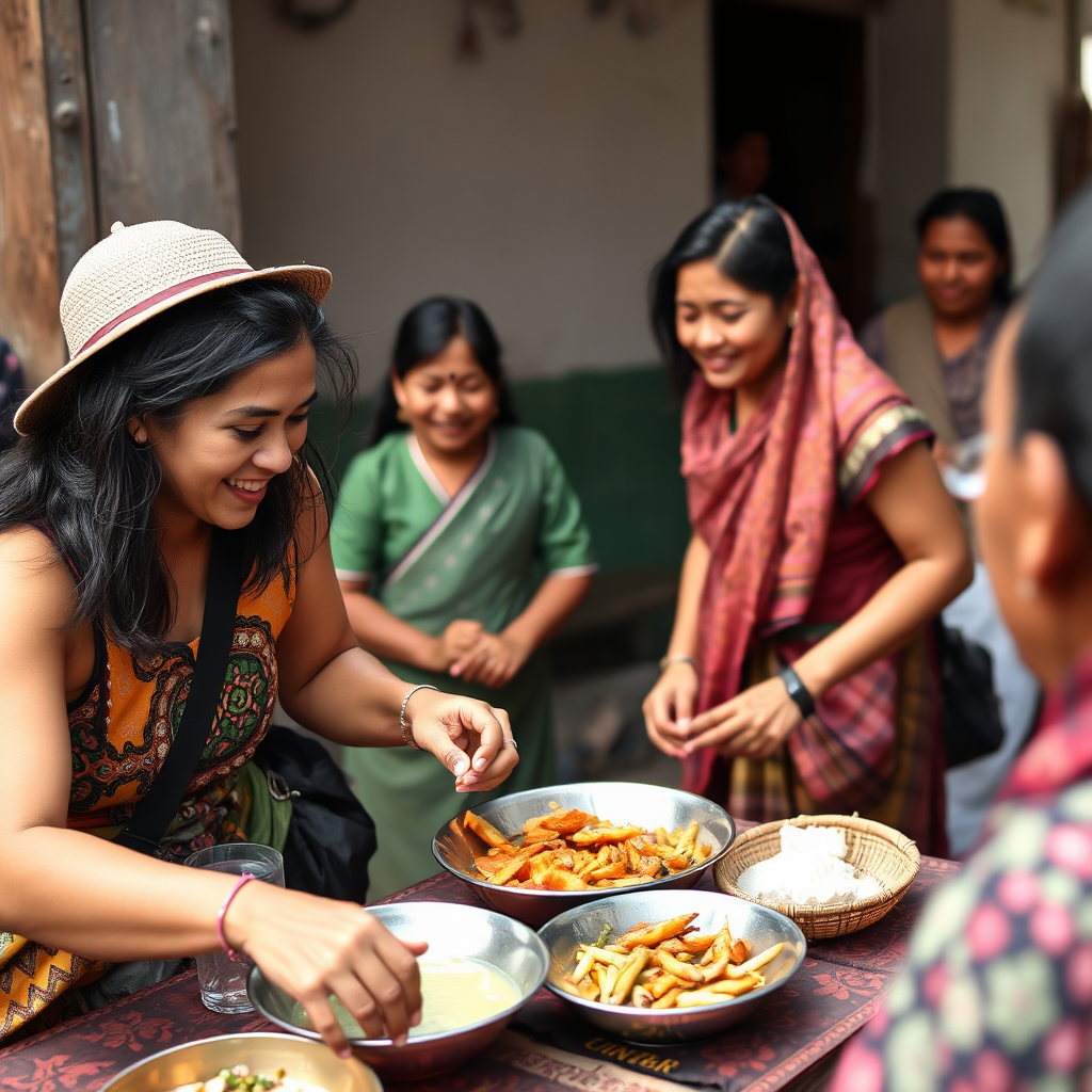 Traveler participating in a local custom, such as helping prepare a traditional meal or learning a local dance. Focus on the expressions of joy and connection. Style: joyful, authentic, connected.