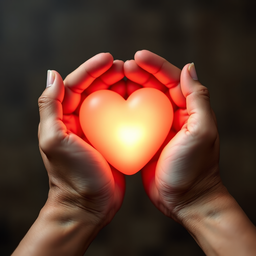 Two hands gently cupping a glowing heart, symbolizing empathy and compassion. The hands are rendered with realistic textures and subtle details. The heart emits a soft, warm light that illuminates the hands and surrounding area. The background is blurred, emphasizing the connection between the hands and the heart. The image should evoke a sense of warmth, care, and understanding.
