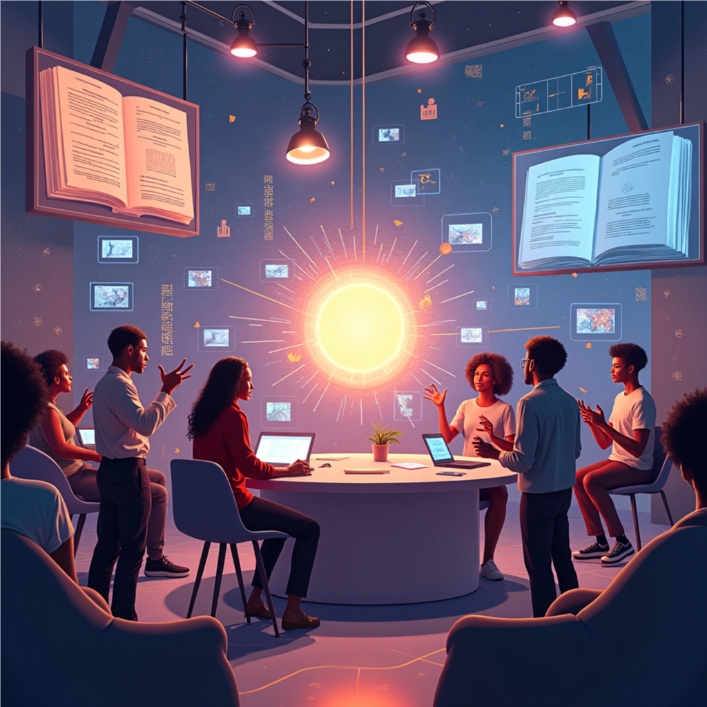 A photorealistic image showcasing a stack of various books, both physical and digital, arranged artfully. The books should vary in size, color, and genre, creating a visually appealing composition. Soft, warm lighting should highlight the textures of the book covers and pages. The background should be a blurred, cozy library setting. The image should evoke a sense of warmth, comfort, and intellectual curiosity. The camera angle should be a close-up shot, emphasizing the tactile nature of the books. Consider incorporating elements like reading glasses or a bookmark to enhance the sense of immersion.