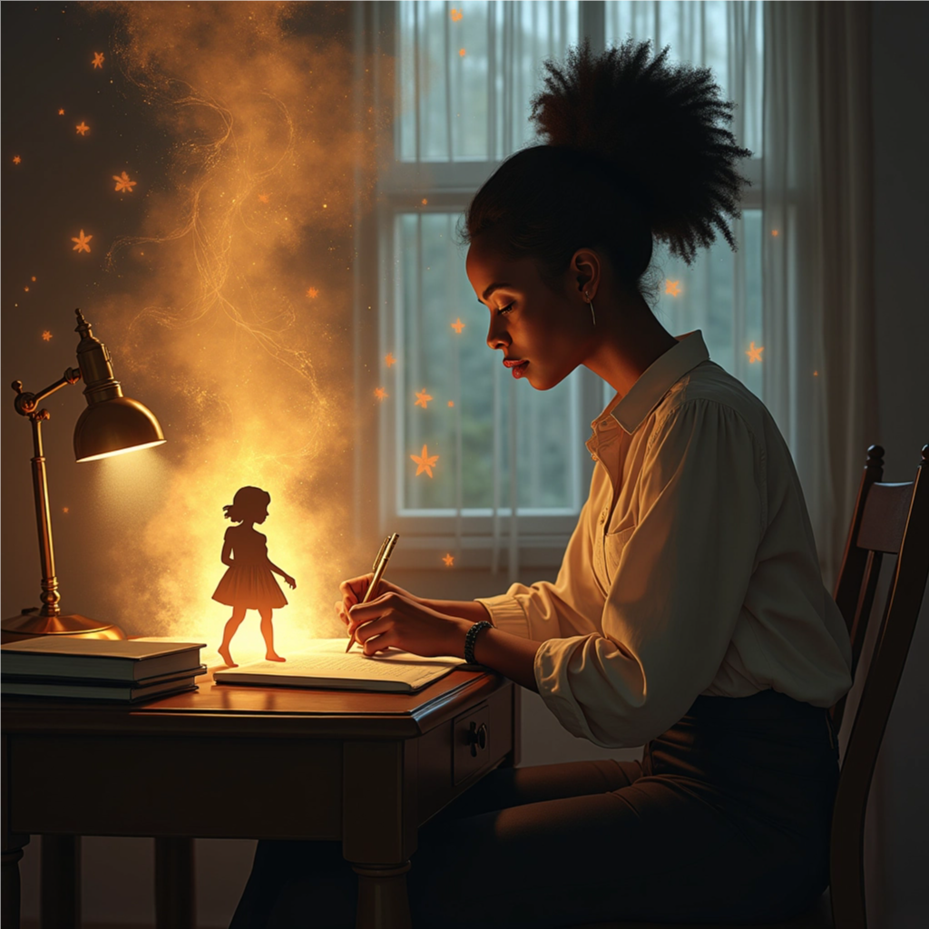 Visualize a character sketch coming to life from the page, with ink flowing to form 3D figures. The background is a dimly lit study, with scattered books and papers. The character sketch should be dynamically posed. Color palette: sepia tones with a splash of vibrant color to highlight the character. Render in 4K resolution, high quality.