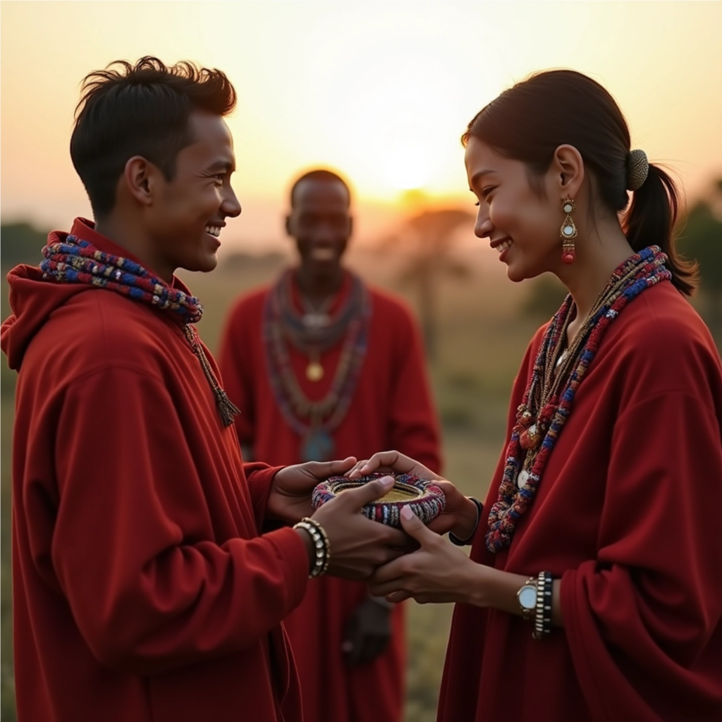 Traveler participating in a local custom, such as helping prepare a traditional meal or learning a local dance. Focus on the expressions of joy and connection. Style: joyful, authentic, connected.
