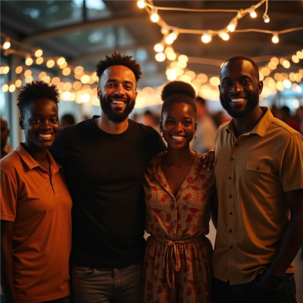 A diverse group of Wanzia-bnb licensees are gathered at a conference, networking and sharing best practices. The image conveys a sense of community and collaboration. Style: connected, collaborative, diverse.