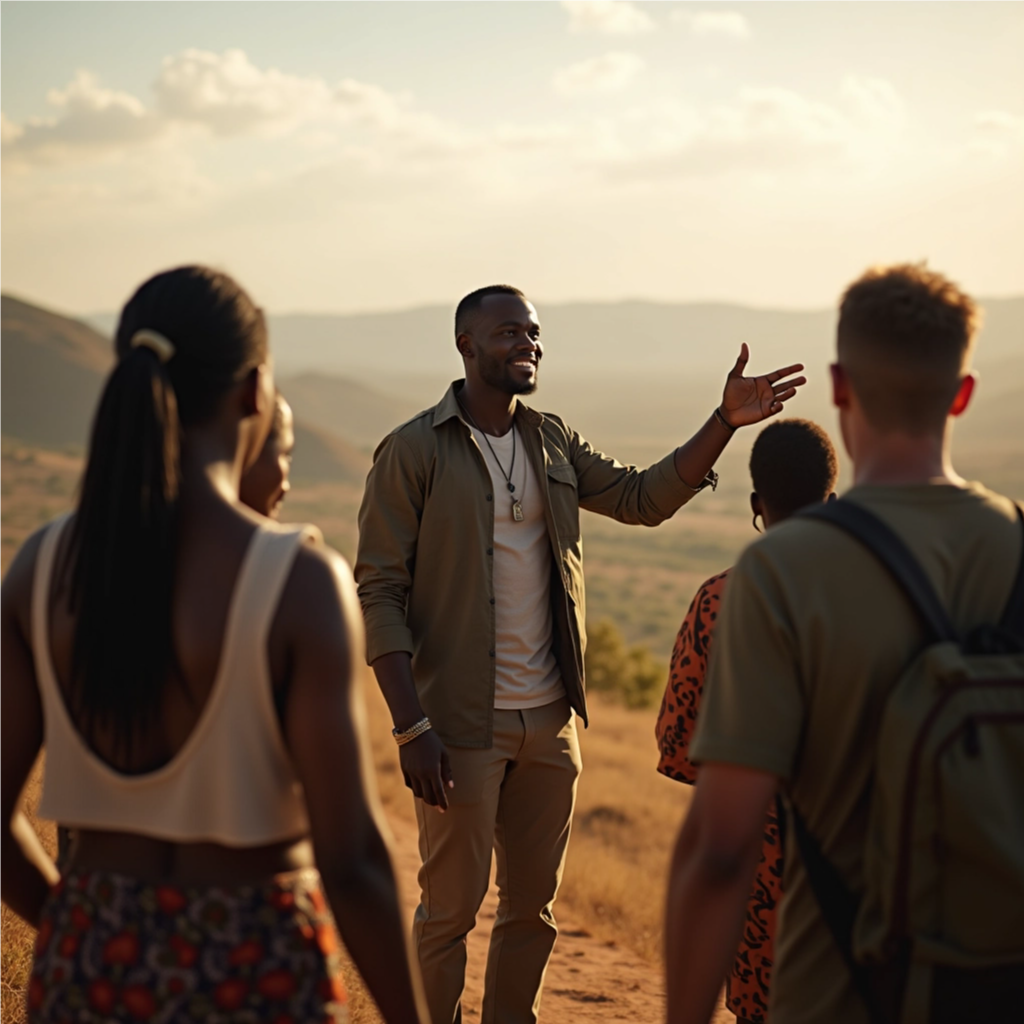 Licensee guiding tourists to a heritage site/event. Style: respectful, sustainable, cultural.
