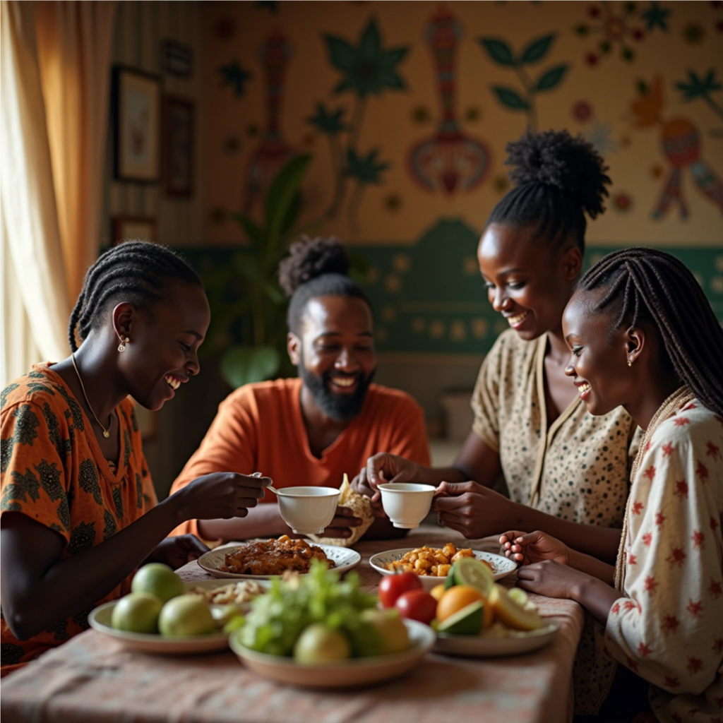 A welcoming homestay scene with a host family greeting guests, showcasing the warmth and authenticity of the Wanzia-bnb experience. Style: warm, inviting, authentic.