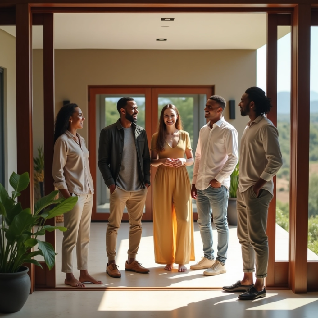 A heartwarming image depicting a multi-generational family welcoming a traveler into their home. The scene is set in a cozy living room, adorned with cultural artifacts and personal touches. The family is smiling warmly, offering the traveler a traditional meal. Soft, natural light streams through the window, creating a sense of comfort and belonging. The composition should emphasize the connection and exchange between the host family and the guest. Camera angle: eye-level, medium shot. Environment: a warm, inviting home interior. Props: Traditional food, cultural artifacts, family photos. Style: Photorealistic, warm color palette, emphasizing genuine human connection. Technical Specs: 4K resolution, high quality.