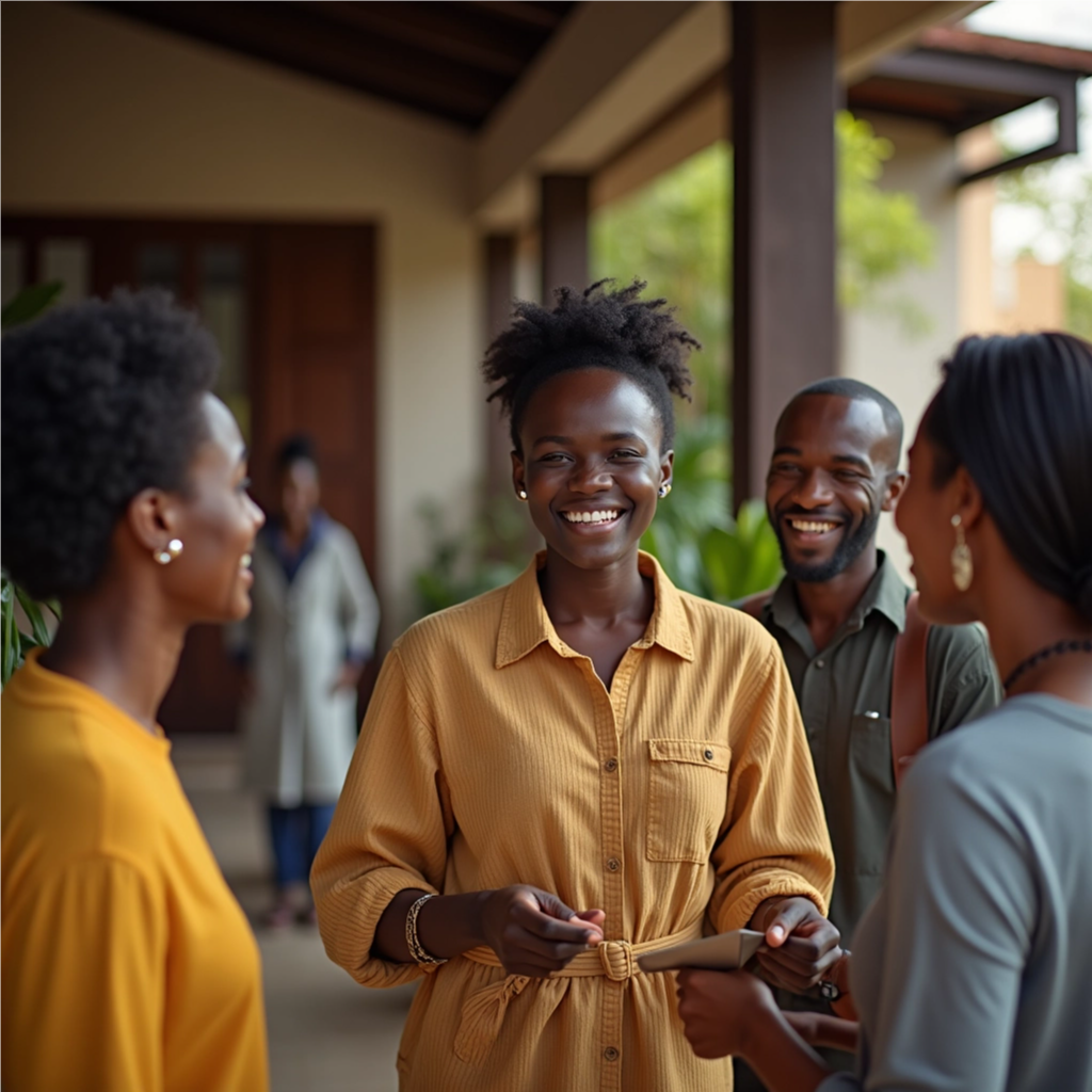 A diverse group of people are gathered around a table, planning community events and cultural exchanges. The setting is bright and collaborative, with maps and cultural artifacts displayed prominently. The image should evoke a sense of empowerment and shared purpose. Style: warm, inviting, community-focused.
