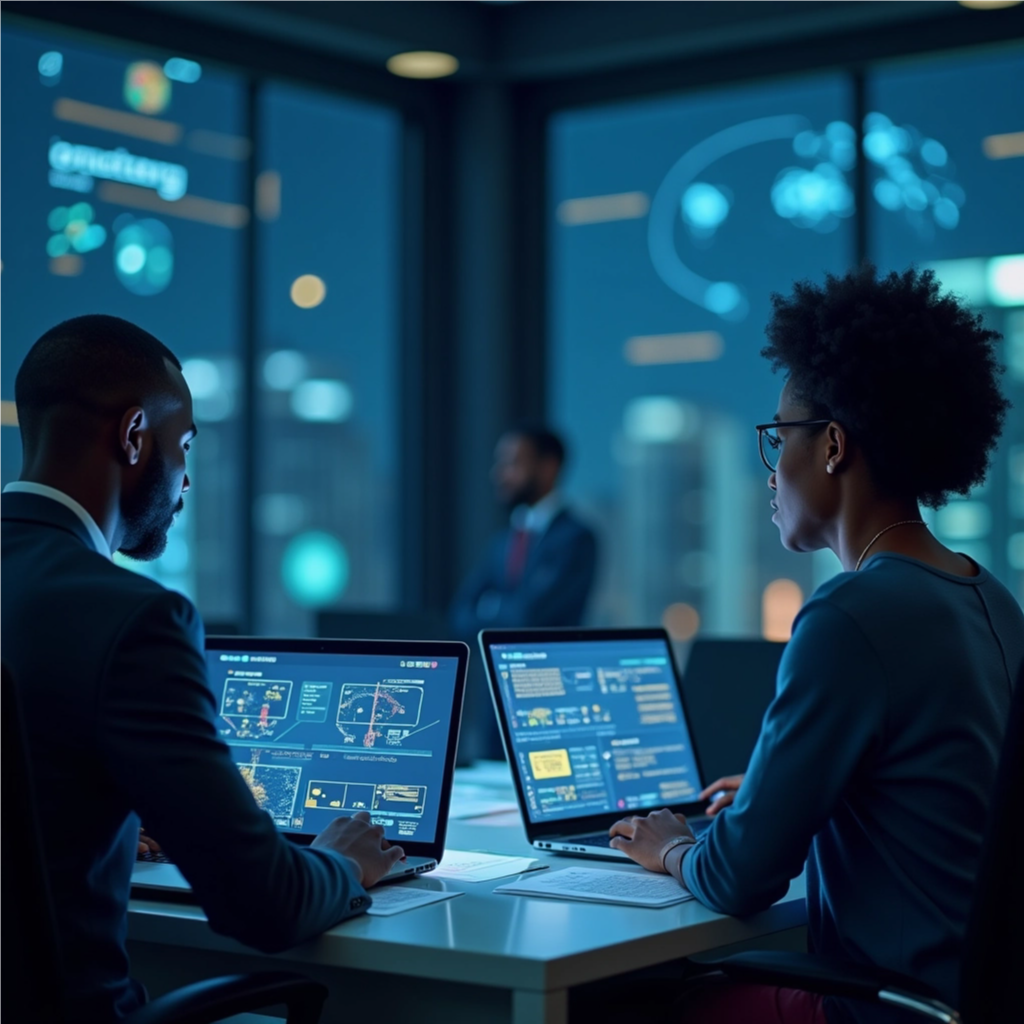 A 4K resolution image, stylized illustration. Depicting a strong African tree with deep roots representing traditional knowledge, its branches reaching upwards towards a futuristic cityscape symbolizing global opportunities and technological advancement. Fruits on the tree represent successful Wanzia Academy graduates, each fruit glowing with a unique digital icon (e.g., code, automation symbol, data analysis icon). The scene is bathed in warm, golden light, creating a sense of growth, prosperity, and connection. The background fades into a vibrant, abstract representation of the African continent. Style reference: A blend of realistic and illustrative elements, inspired by Afrofuturism and African textile patterns. The overall image should convey a sense of hope, progress, and the transformative power of education.