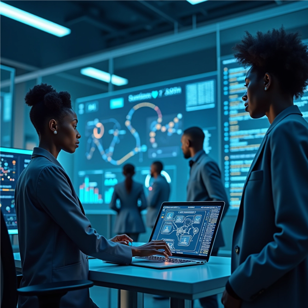 A photorealistic image of an African student working on a complex automation interface. The interface displays a visual representation of a factory with robotic arms assembling products. The lighting is soft and focused on the student's face, highlighting their concentration. Background: A blurred view of a modern factory floor. Camera angle: Close-up, emphasizing the student's interaction with the technology. Technical Specs: 4K resolution, detailed textures.