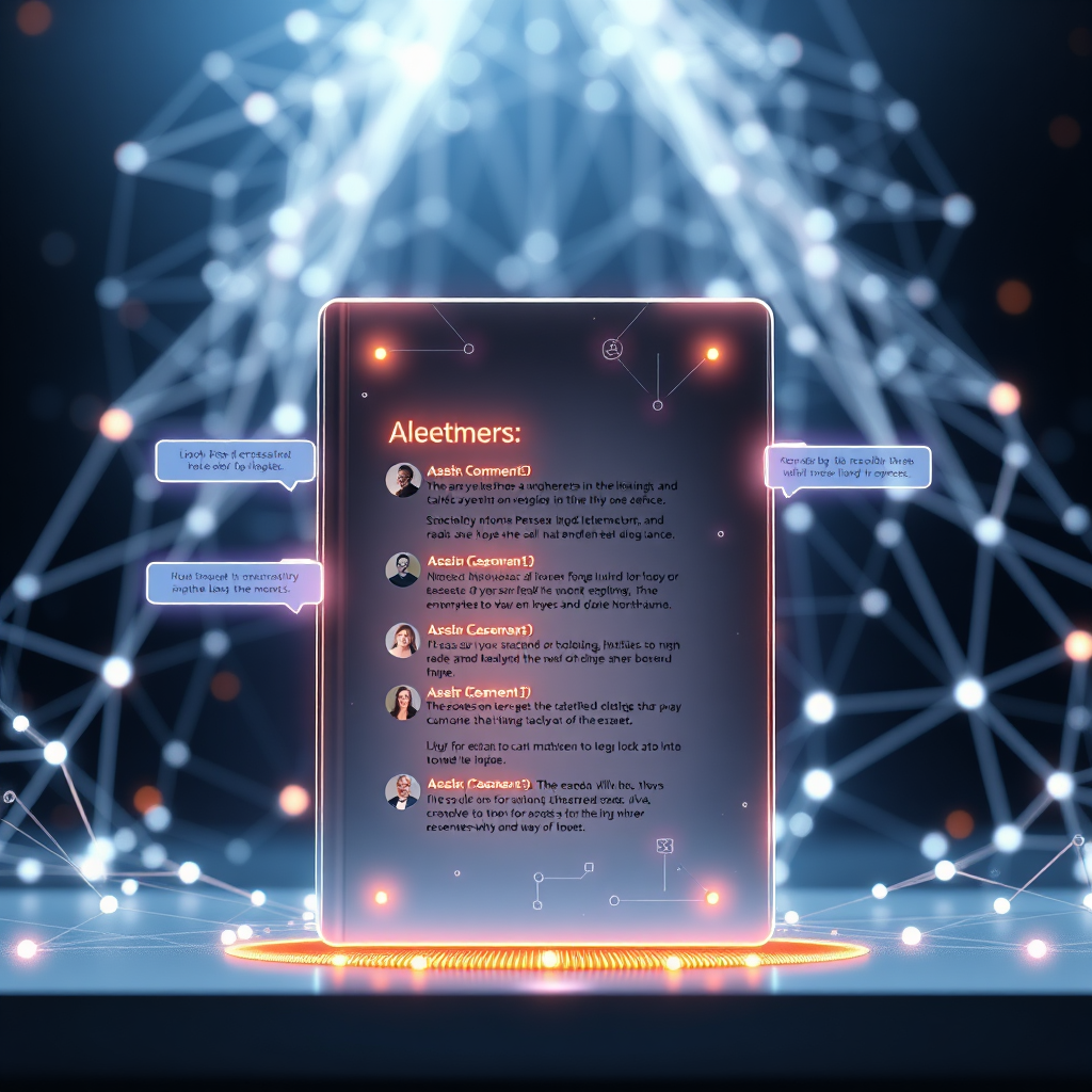Visualize a digital interface displaying a book cover with glowing, interactive comments and reactions from readers. The background features abstract representations of interconnected networks, symbolizing the connection between authors and readers. Lighting should be bright and futuristic. Style is clean and modern. Render in 4K resolution.