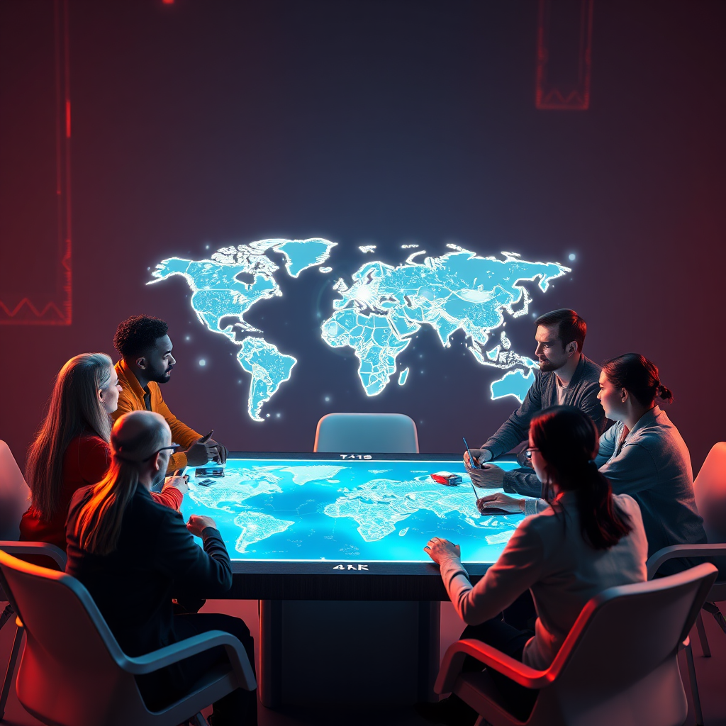 Visualize a group of diverse individuals gathered around a large, holographic table, discussing plans and strategies. The table displays a map of the world with interconnected points of light. The atmosphere is collaborative and energetic, with each person contributing ideas. Use a futuristic style with vibrant colors and sharp details. Render in 4K resolution.