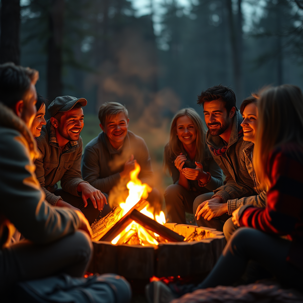 Visualize a group of people gathered around a warm campfire, sharing stories and laughter. The firelight casts a warm glow on their faces, creating a sense of intimacy and belonging. The scene evokes a feeling of community and shared experience. Render in 4K resolution with a photorealistic style.
