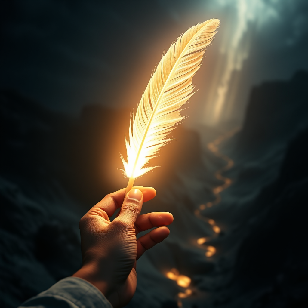 Visualize a hand holding a glowing quill, radiating light and energy. The light illuminates a dark landscape, revealing hidden paths and opportunities. The scene should evoke a sense of empowerment and inspiration. Style is dramatic and slightly surreal. Render in 4K resolution.