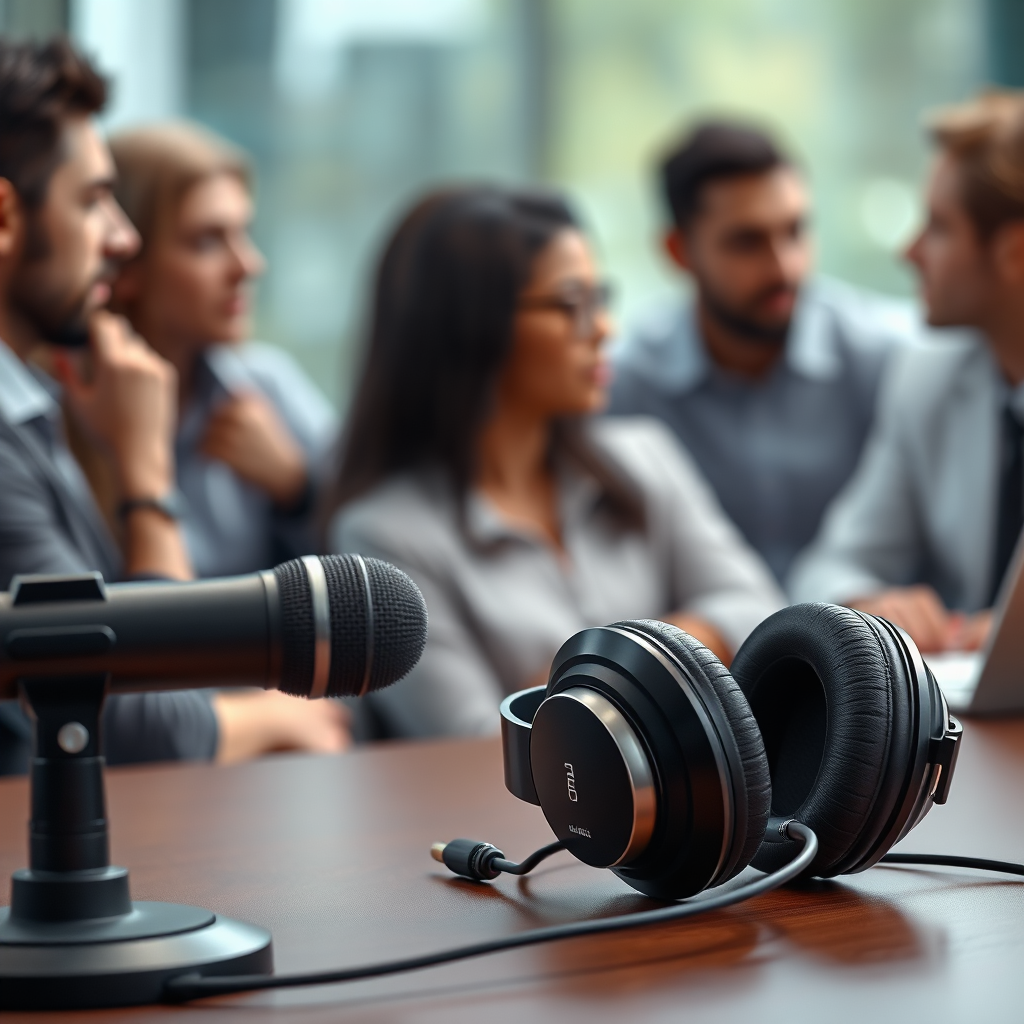 Visualize a set of headphones resting on a desk next to a microphone. The background features a blurred image of diverse individuals engaged in deep conversation. The overall tone should be modern and professional, with a hint of creativity. Render in 4K resolution.
