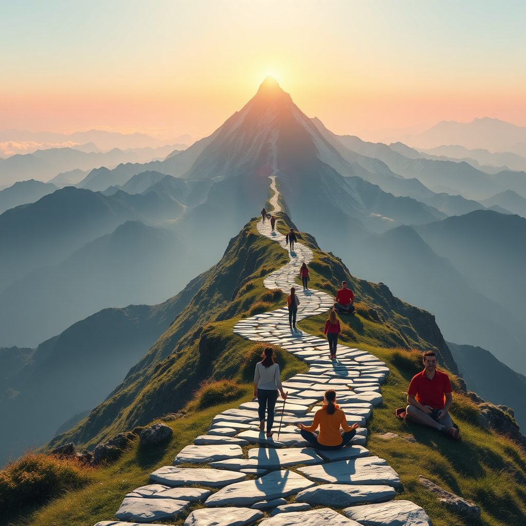 Visualize a winding path leading up a mountain to a radiant summit. Along the path, individuals are engaged in various activities such as meditation, learning, and creative expression. The scene symbolizes a journey of self-discovery and personal growth. Use a stylized, vibrant color palette and render in 4K resolution.
