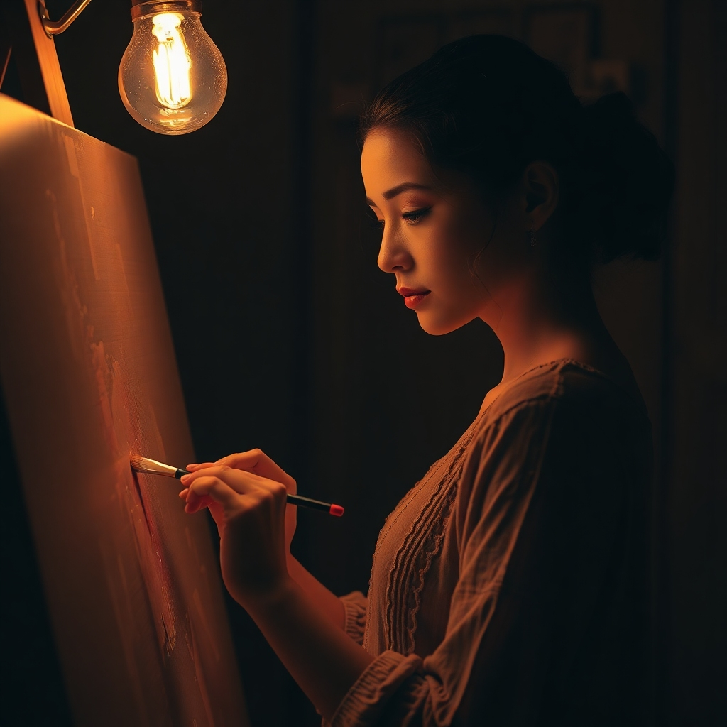 Visualize the soul connecting with art by depicting a woman in a dimly lit room, illuminated by a single lamp. She's painting a canvas that glows, representing the passion and vulnerability of artistic expression. Her face should be serene, reflecting deep focus and emotional connection with her work. Highlight the textures of the canvas, brushes, and the woman's clothing. High resolution, warm color palette.