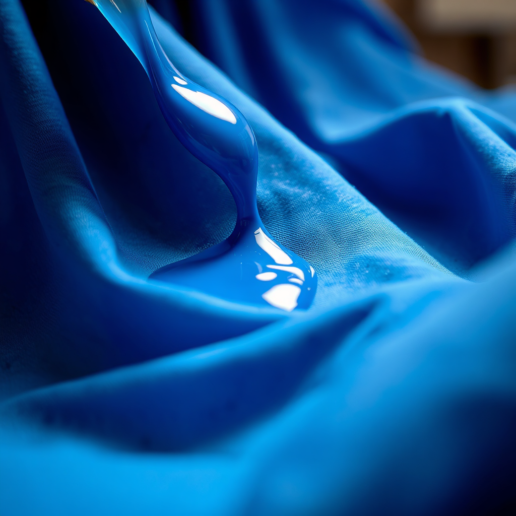 A close-up, photorealistic image of fabric being dyed with Methylene Blue. The dye should be shown being applied to the fabric, with the color gradually spreading and saturating the fibers. Bright, focused lighting should highlight the details of the fabric and the dyeing process. The color palette should be primarily blue, with variations in shade and tone to showcase the range of colors achievable with Methylene Blue. The camera angle should be a close-up, capturing the texture and detail of the fabric. Texture details should include the individual fibers of the fabric and the smooth surface of the dye. The environment should evoke a textile workshop, emphasizing the craftsmanship and artistry of fabric dyeing. Style reference: Textile photography. Technical specs: High resolution, macro lens.