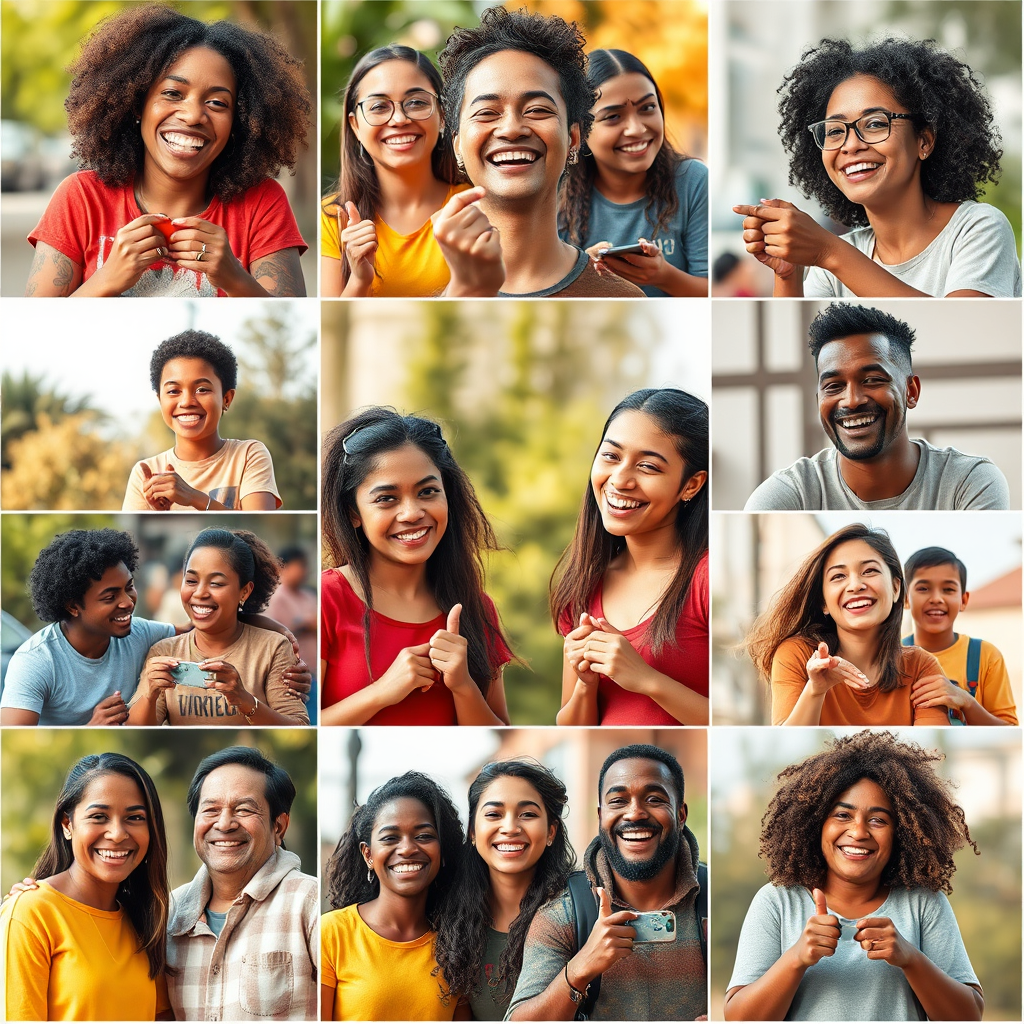 A collage of diverse individuals smiling and actively engaged in various activities. Each image symbolizes vitality and enhanced well-being. The composition should be balanced and positive, conveying a sense of community. Color palette: warm and inviting tones. Lighting: natural and bright. Style: lifestyle photography. Technical specs: 4K resolution, high quality.