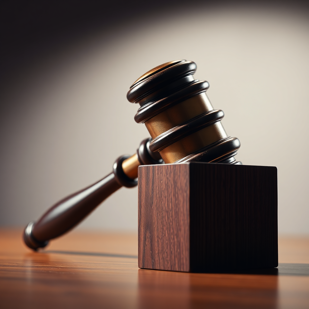 A gavel striking a sound block, symbolizing a final decision. The background should be blurred and neutral. The focus is on the gavel and the sound block, representing authority and resolution. Lighting: dramatic and focused. Style: symbolic imagery. Technical specs: 4K resolution, high quality.