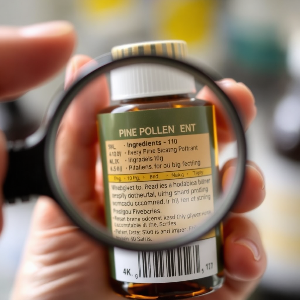 A hand holding a bottle of pine pollen extract with a magnifying glass focusing on the ingredients label. The label should be clear and readable. The background is blurred to emphasize the importance of reading labels. Lighting: focused and direct. Camera angle: close-up shot. Technical specs: 4K resolution, high detail.
