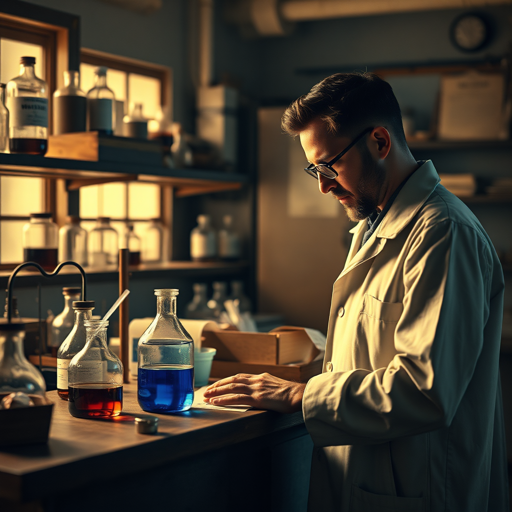 A historical photograph styled to resemble a vintage medical journal. The scene should depict a scientist in a period laboratory using Methylene Blue in an experiment. Soft, warm lighting should give the image an antique feel. The color palette should be sepia tones and muted blues. The camera angle should be a medium shot, capturing the scientist and their workspace. Texture details should include aged paper and lab equipment. Style reference: Vintage medical illustration. Technical specs: High resolution, vintage filter.