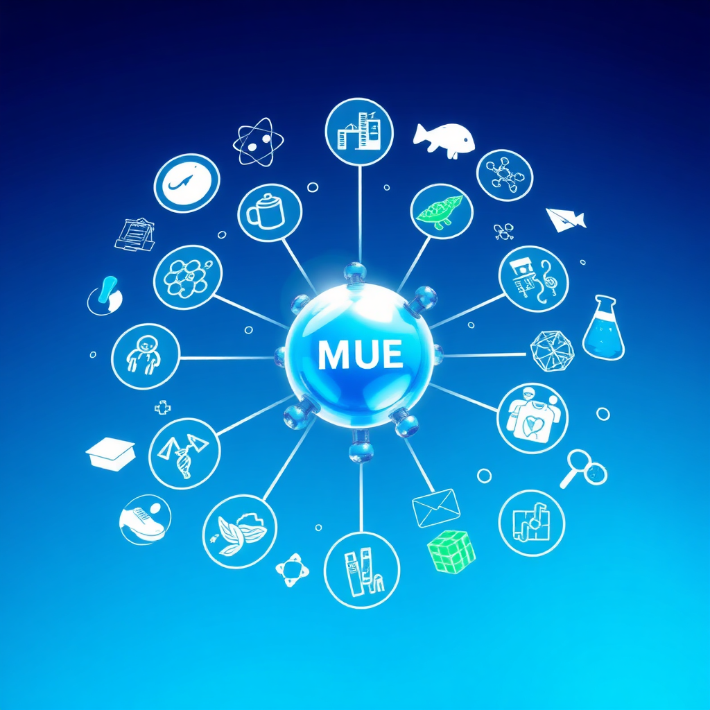A modern digital illustration showcasing the diverse applications of Methylene Blue. The composition should feature a central molecule of Methylene Blue surrounded by icons representing different industries and applications (e.g., medicine, aquaculture, textiles). Bright, vibrant lighting should create a sense of innovation and progress. The color palette should be dominated by blues, greens, and whites, symbolizing science, health, and cleanliness. The camera angle should be a slightly elevated perspective, showcasing the breadth of applications. Texture details should be clean and modern, reflecting the contemporary relevance of Methylene Blue. Style reference: Modern infographic. Technical specs: High resolution, clean vector graphics.