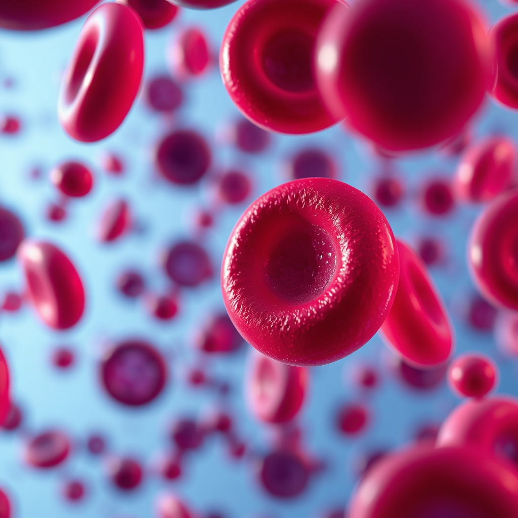 A photorealistic image depicting a microscopic view of red blood cells being treated with Methylene Blue. The blood cells should be clearly visible, with some showing the effects of methemoglobinemia and others showing the restoration process. Soft, diffused lighting should illuminate the cells, highlighting their structure and the effects of the treatment. The color palette should be primarily red and blue, with subtle variations in hue to distinguish between healthy and affected cells. The camera angle should be a close-up, capturing the details of the cellular processes. Texture details should include the smooth surfaces of the cells and the subtle variations in color. The environment should evoke a laboratory setting, emphasizing the scientific nature of the image. Style reference: Scientific microscopy. Technical specs: High resolution, microscopic lens.