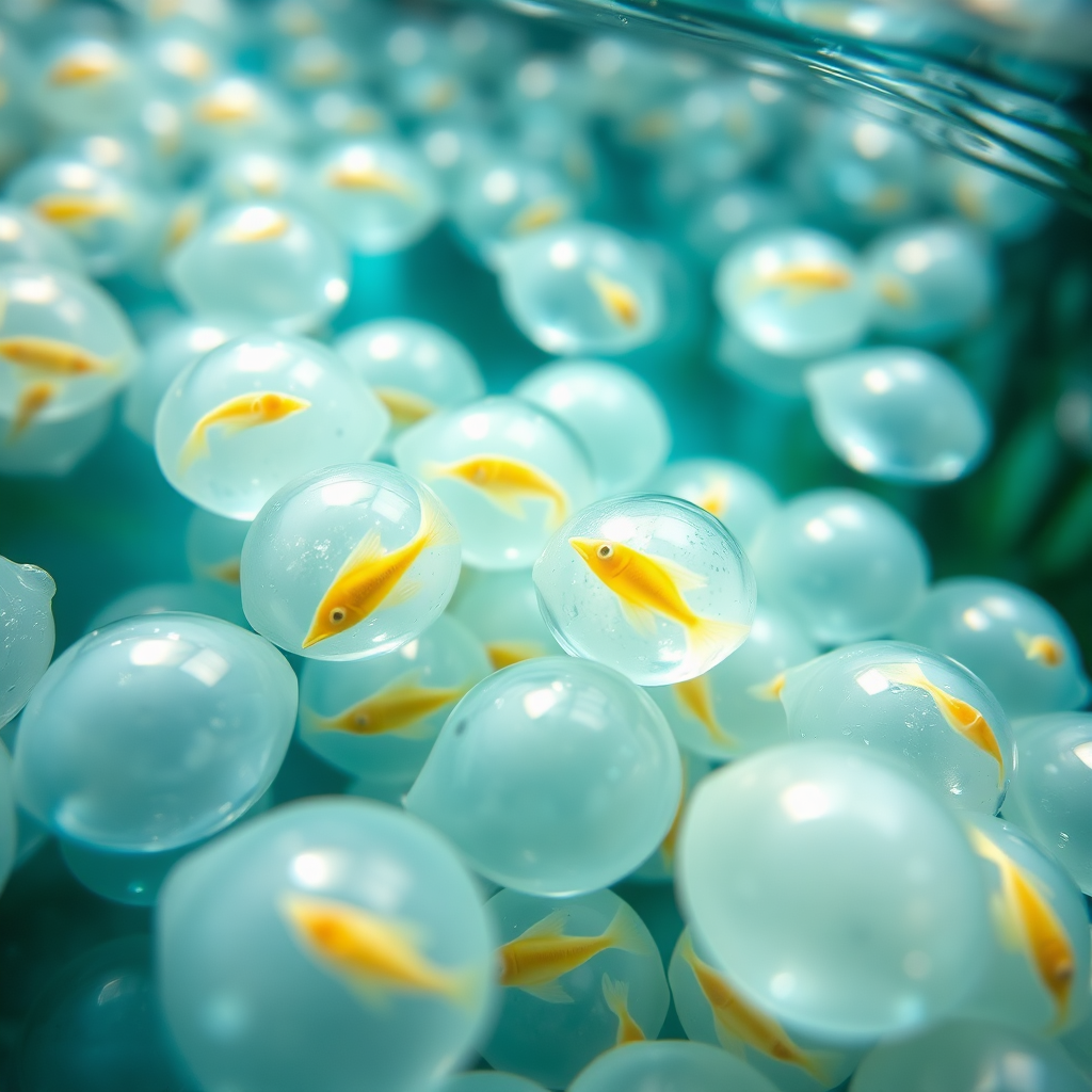 A photorealistic image of fish eggs in an aquaculture tank, treated with Methylene Blue. The eggs should be translucent, allowing a glimpse of the developing fish inside. The water should have a subtle blue tint, indicating the presence of Methylene Blue. Soft, natural lighting should create a sense of tranquility and health. The color palette should be primarily blue and green, with hints of yellow and orange from the fish eggs. The camera angle should be a slightly elevated perspective, capturing the entire tank and the surrounding environment. Texture details should include the smooth surfaces of the eggs and the clear water. The environment should evoke a modern aquaculture facility, emphasizing the sustainable practices of fish farming. Style reference: Aquaculture photography. Technical specs: High resolution, underwater lens.