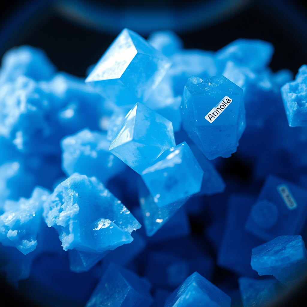 A photorealistic macro shot of Methylene Blue crystals under a microscope. The image should showcase the intricate structure of the crystals with a vibrant blue hue. The lighting should be focused and precise, highlighting the crystalline forms. The color palette should be dominated by shades of blue, ranging from deep indigo to lighter sky blue, against a dark background. The camera angle should be directly above the crystals, capturing the full detail of their structure. Texture details should include the sharp edges and smooth surfaces of the crystals. The environment should evoke a laboratory setting, emphasizing the scientific nature of the substance. Style reference: Scientific photography with a touch of artistic flair. Technical specs: High resolution, macro lens.