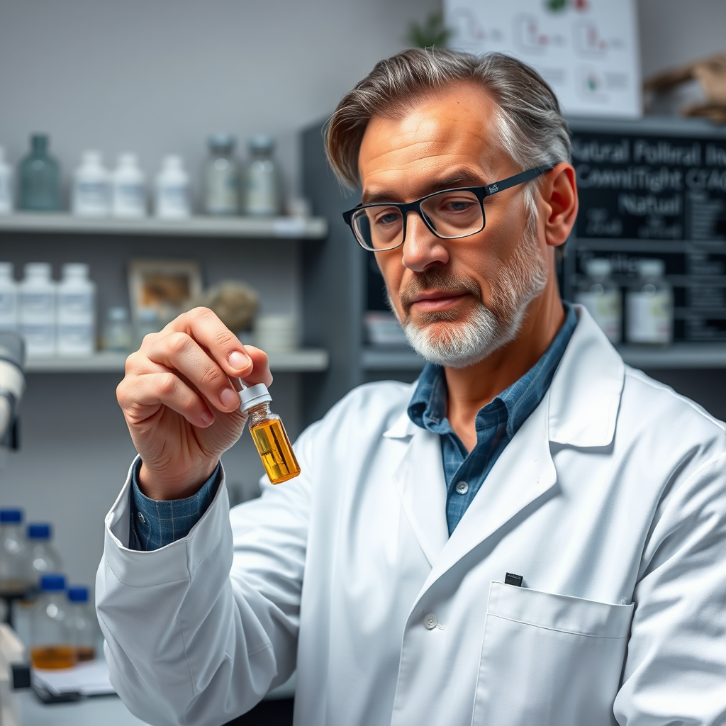 A professional setting featuring a knowledgeable health expert in a lab coat examining a vial of pine pollen extract. The background shows scientific equipment and references to natural health. The lighting should be professional and informative. Camera angle: medium shot. Technical specs: 4K resolution, high quality.