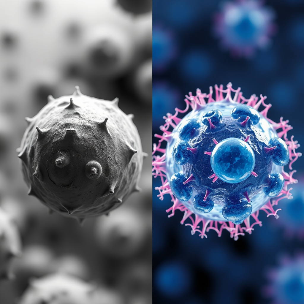 A split-screen image showing cells exposed to oxidative stress on one side, and cells protected by Methylene Blue on the other. The damaged cells should appear dull and lifeless, while the protected cells should appear vibrant and healthy. Soft, balanced lighting should highlight the differences between the two sides. The color palette should consist of contrasting colors, such as dull grays and vibrant blues, to emphasize the protective effects of Methylene Blue. The camera angle should be a close-up, capturing the details of the cellular structures. Texture details should include the smooth surfaces of the cells and the variations in color and tone. The environment should evoke a laboratory setting, emphasizing the scientific nature of the image. Style reference: Scientific illustration. Technical specs: High resolution, digital rendering.