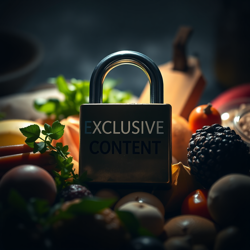 An image of a locked padlock symbolizing exclusive content, surrounded by healthy food ingredients. The lighting should be mysterious and intriguing. Style should be premium, exclusive, and valuable.