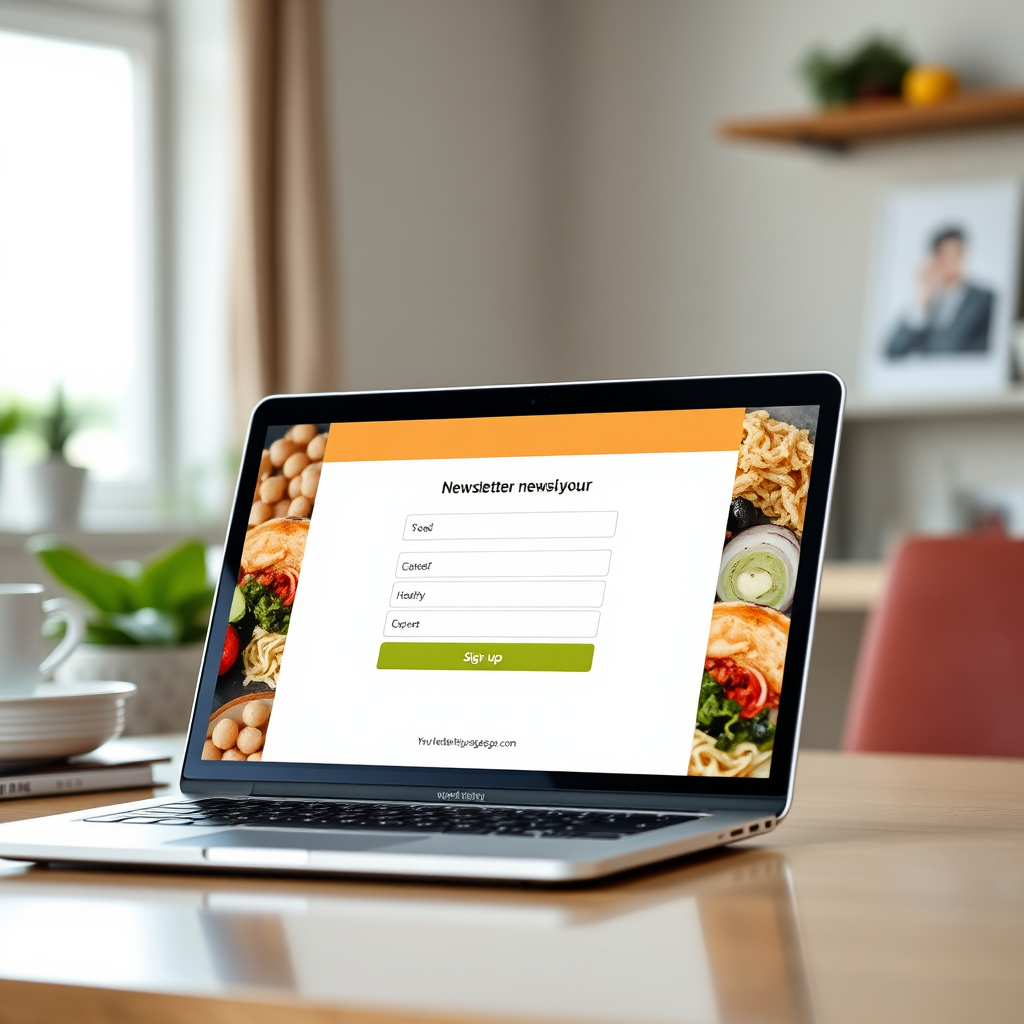 An image of an open laptop displaying a newsletter signup form, with a healthy meal visible in the background. The lighting should be bright and inviting. Style should be modern, clean, and informative.