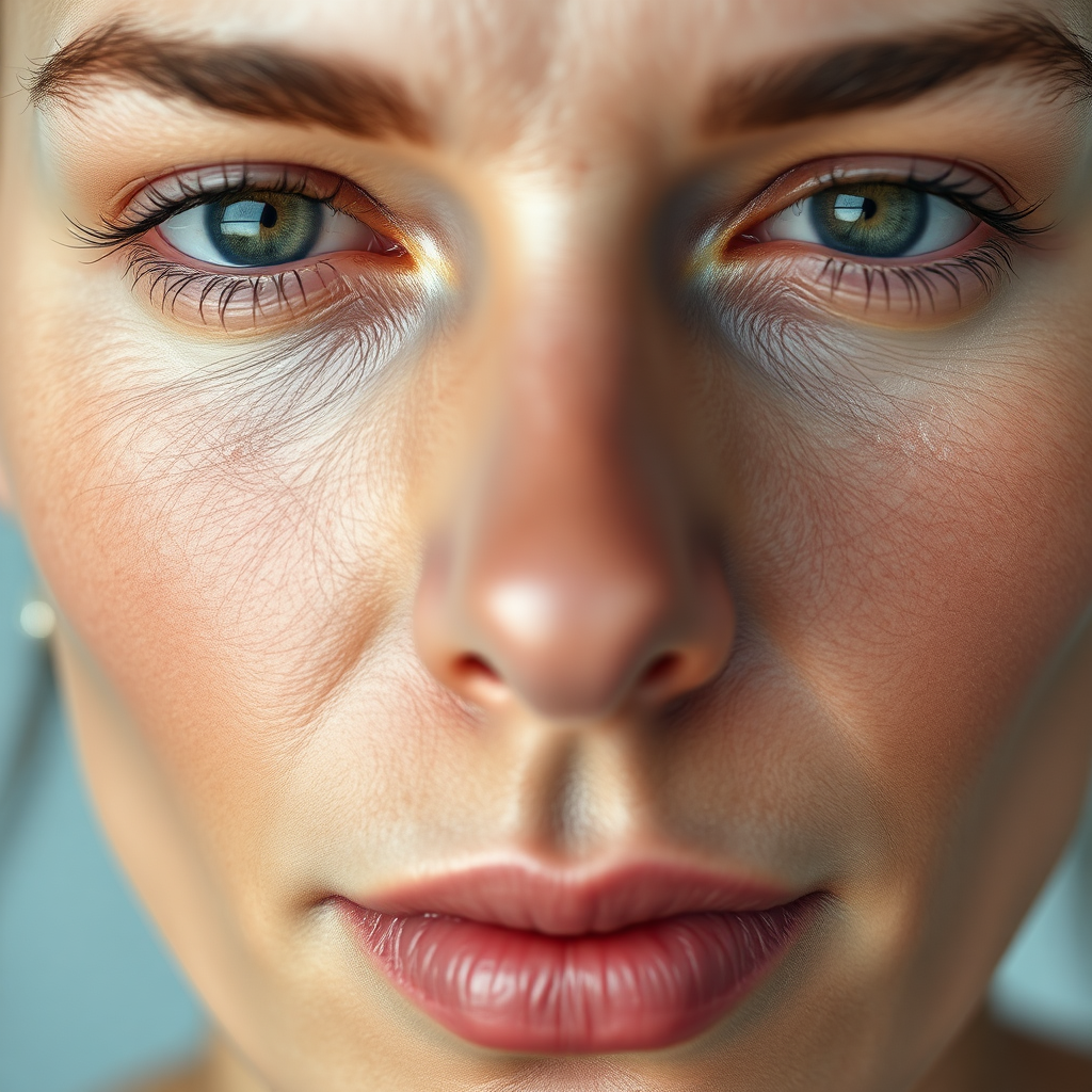 Create a close-up, photorealistic image showcasing the rejuvenating effects of sea moss on the skin. Depict a person's face with one side treated with a sea moss-based skincare product and the other side untreated. The treated side should appear smoother, more hydrated, and with a visible reduction in fine lines and wrinkles. The lighting should be soft and diffused, highlighting the texture and tone of the skin. The camera angle should be extremely close, allowing for detailed observation of the skin's surface. Aim for a hyperrealistic style with meticulous details, conveying the visible benefits of sea moss on skin health.