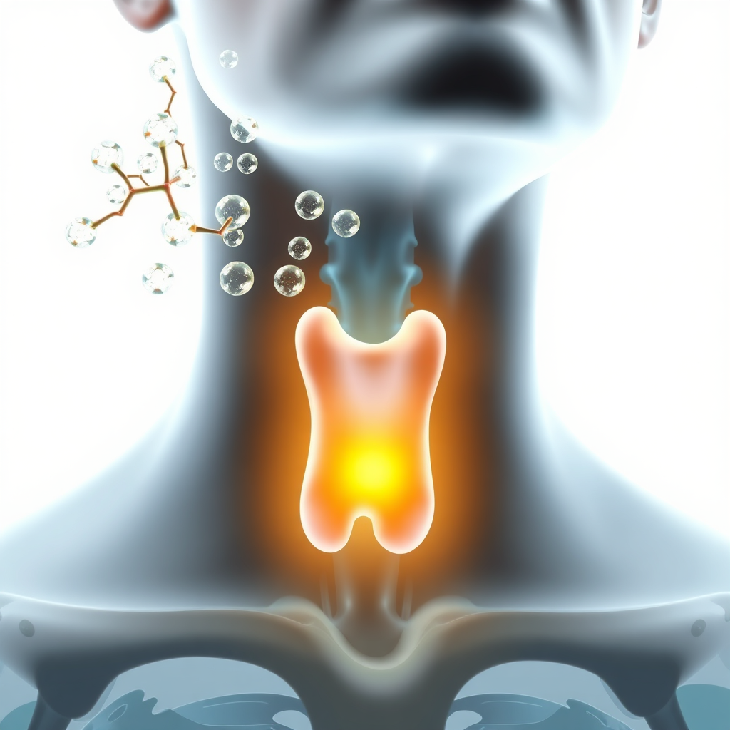 Create a photorealistic illustration visualizing sea moss providing iodine to the thyroid gland. Depict a healthy thyroid gland receiving iodine molecules from sea moss. Use a vibrant color to represent the iodine molecules and a healthy glow for the thyroid gland. The background should be a simplified anatomical illustration of the neck and thyroid area. The lighting should be bright and focused on the thyroid gland. The camera angle should be medium-shot, providing a clear view of the thyroid and its connection to the sea moss-derived iodine. Aim for a hyperrealistic style with accurate anatomical details, conveying the importance of sea moss in supporting thyroid health.