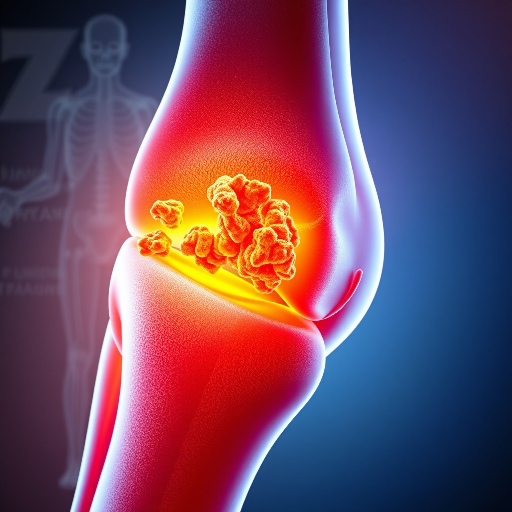 Create a photorealistic image representing the anti-inflammatory properties of sea moss and its impact on joint health. Visualize inflamed joints being soothed by sea moss molecules. Depict a cross-section of a joint with inflamed tissues being calmed and healed by the sea moss particles. Use a cool color palette to represent the anti-inflammatory effect and a warm color palette to represent the inflammation. The background should be a detailed anatomical illustration of a joint. The lighting should be soft and diffused, creating a sense of relief and healing. The camera angle should be extremely close-up, providing a detailed view of the joint's internal structures. Aim for a hyperrealistic style with accurate anatomical details, conveying the therapeutic benefits of sea moss for joint health.