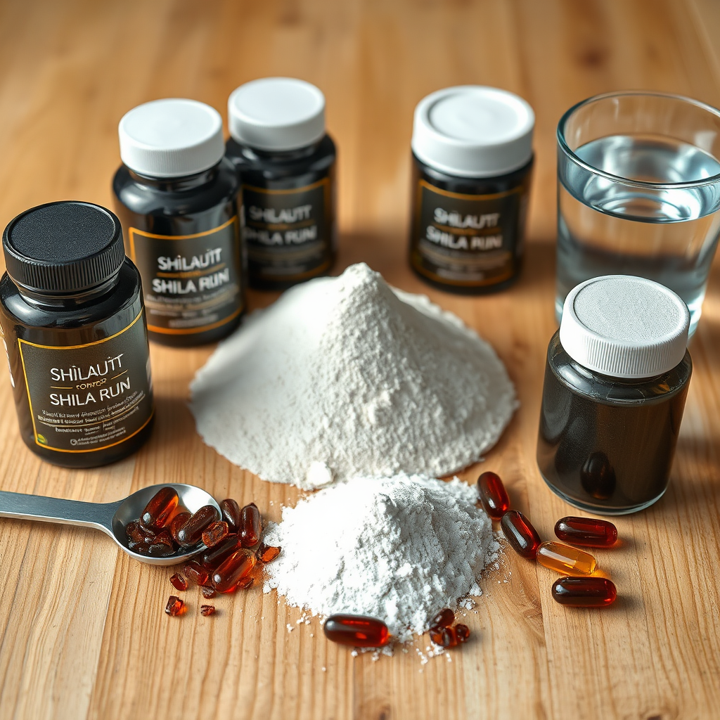 Create a photorealistic image showing various forms of shilajit supplements, including resin, powder, and capsules, arranged on a clean, wooden surface. The lighting should be bright and even, highlighting the different forms. A measuring spoon and a glass of water could be subtly included. Resolution: 4K.