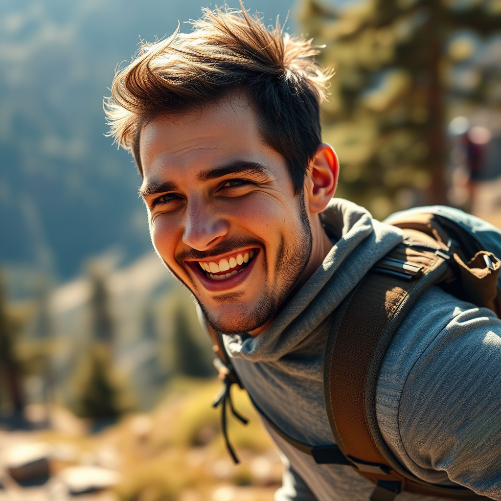 Create a photorealistic image depicting a person feeling energized and vibrant after consuming shilajit. The image should show the person engaged in a physical activity, such as hiking or running, with a sense of vitality and well-being. Use bright, natural lighting. Resolution: 4K.