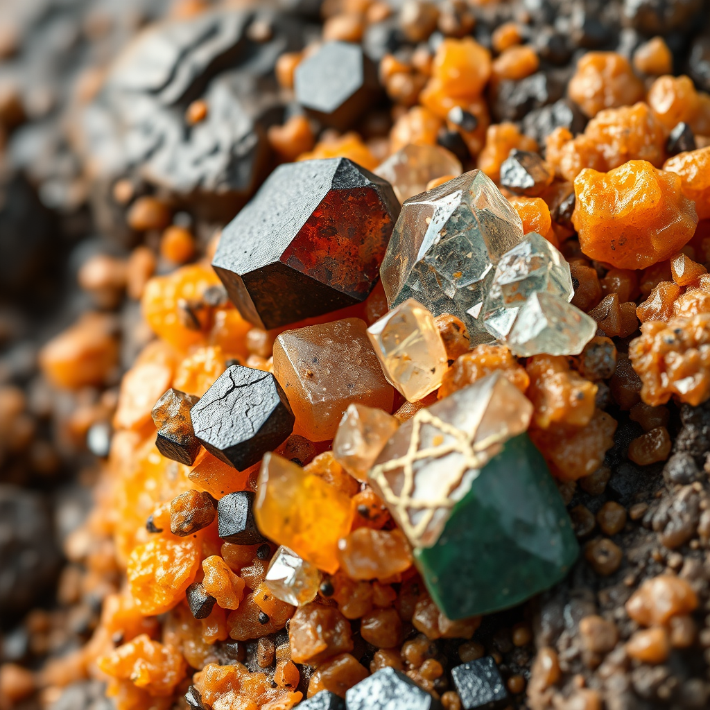 Create a photorealistic image illustrating the mineral composition of shilajit. The image should depict a close-up view of crystalline structures representing various minerals, such as iron, magnesium, and zinc, embedded within a matrix of fulvic acid. Use vibrant colors to highlight the different minerals. Resolution: 4K.