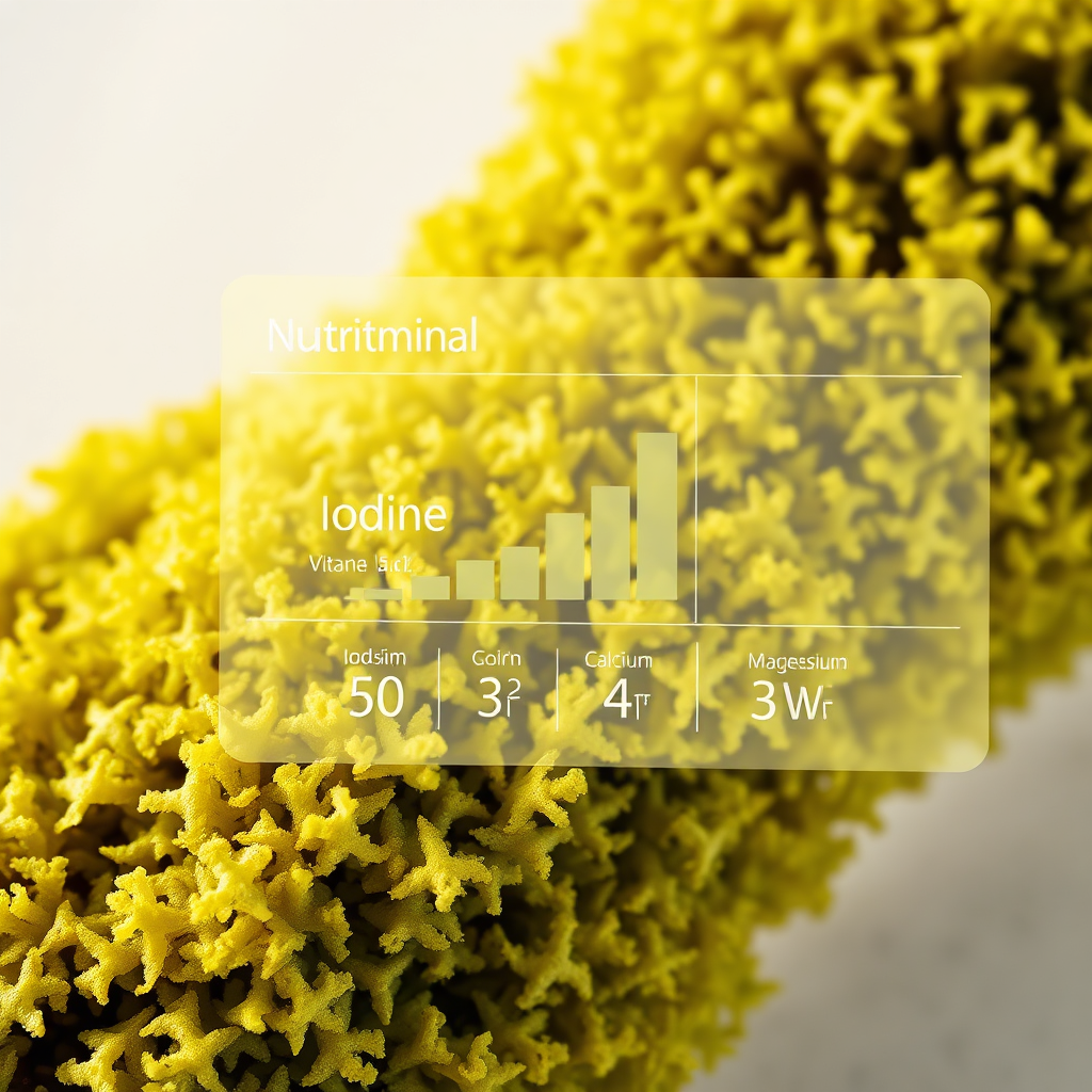 Create a photorealistic image showcasing a nutritional chart or infographic overlayed on a piece of raw sea moss. The chart should highlight the key vitamins and minerals found in sea moss, such as iodine, potassium, calcium, and magnesium. The sea moss should be brightly lit and textured, with the infographic appearing translucent and easy to read. Use a clean and modern design for the infographic to convey scientific accuracy and trustworthiness. The background should be a soft, neutral color to avoid distraction. The camera angle should be close-up, focusing on the intersection of the sea moss and the infographic. Aim for a hyperrealistic style with sharp details to emphasize the richness of the nutrients. This image should evoke a sense of health, science, and nutritional completeness.