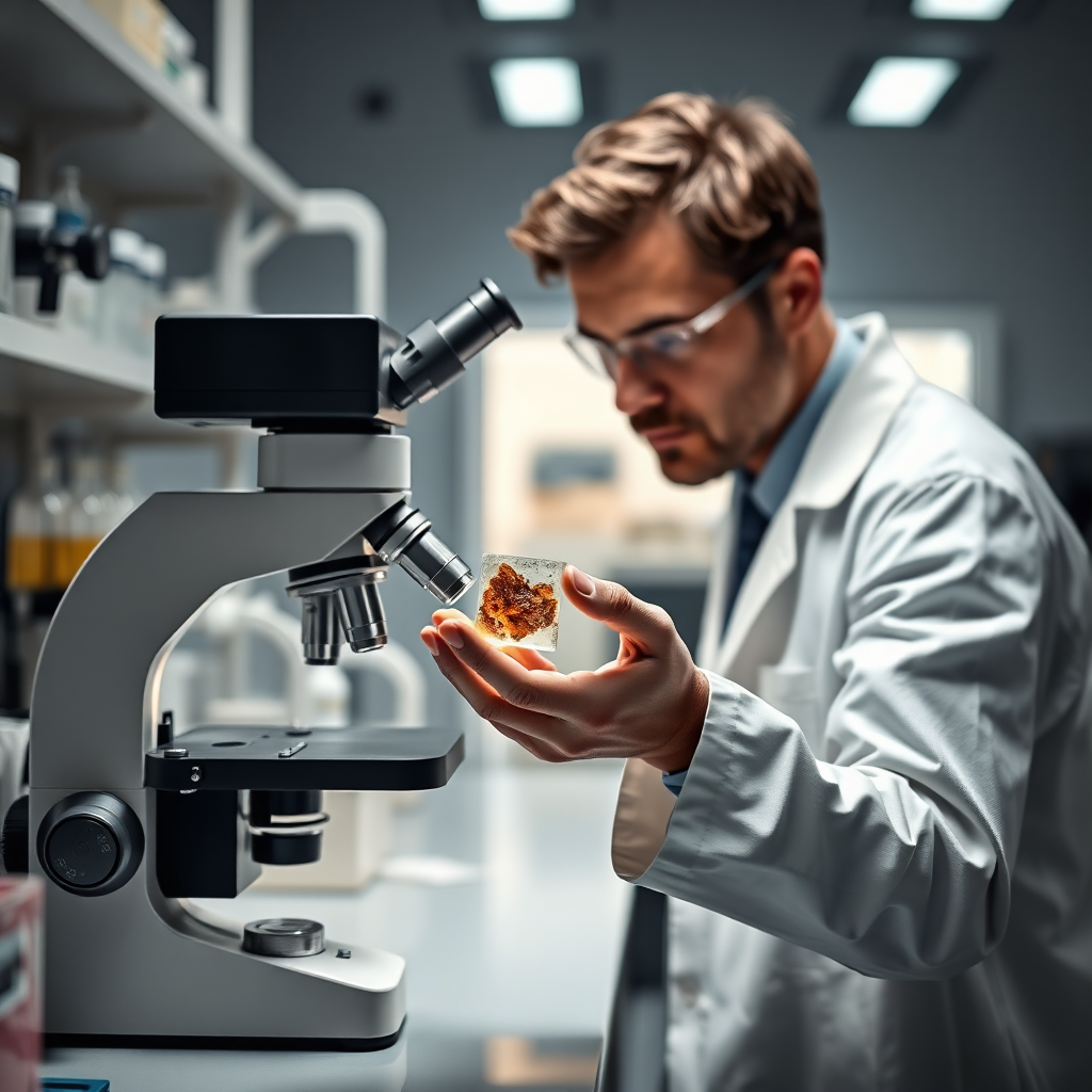 Create a photorealistic image of a scientist in a modern laboratory setting, examining a sample of Shilajit resin under a microscope. The lab equipment should be visible in the background, and the overall tone should be professional and scientific. Resolution: 4K.